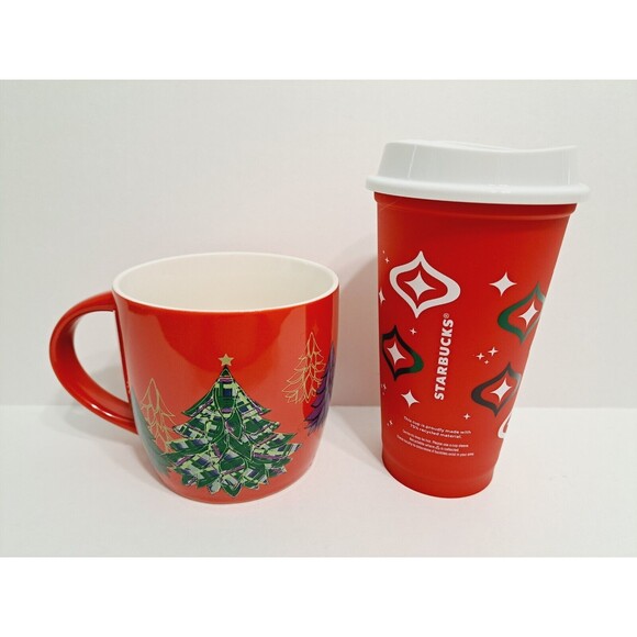 Set of 2 Starbucks Coffee Mug Christmas Tree Mug Cup 2020 2013 18oz 16oz - Picture 2 of 4